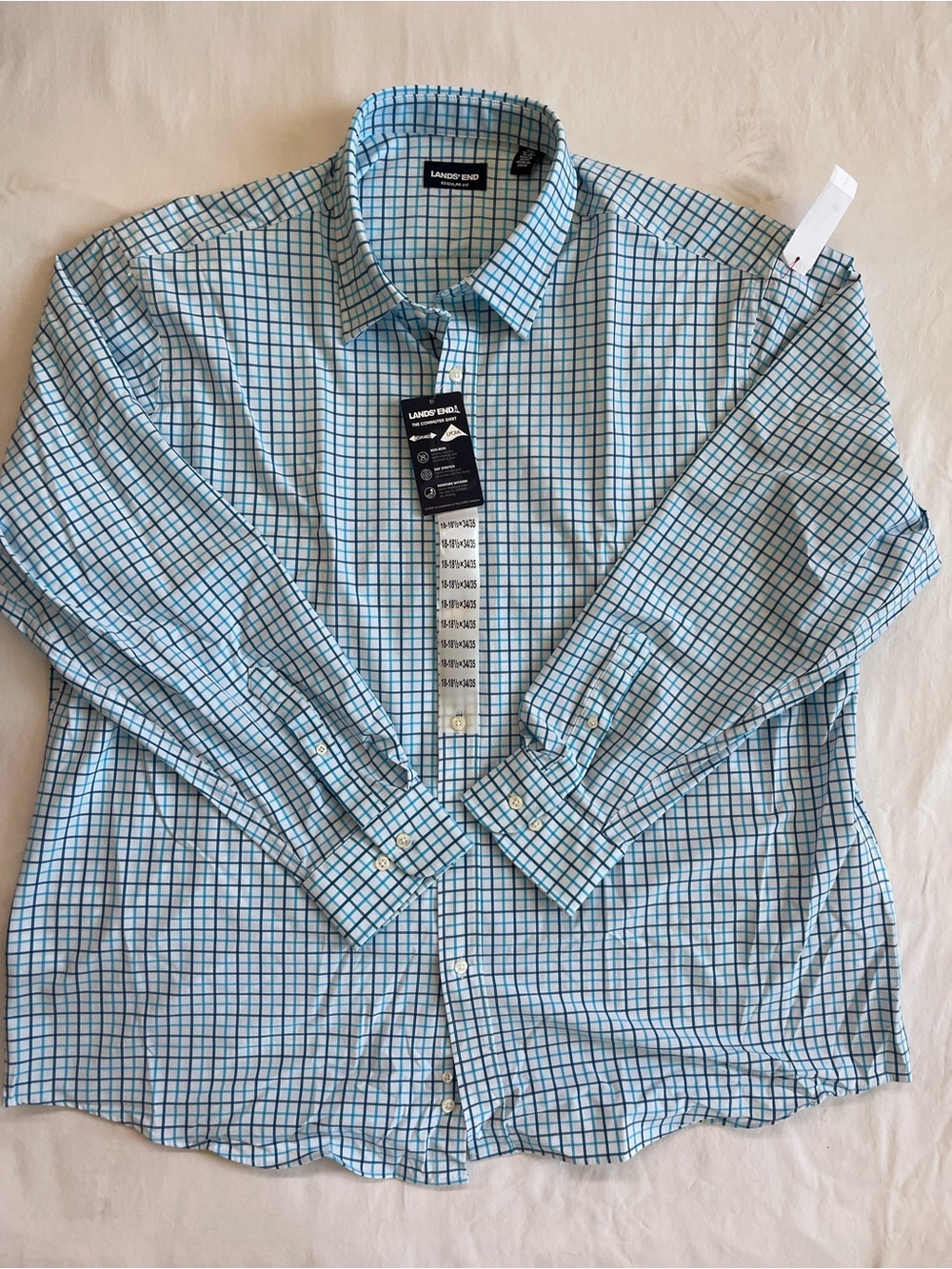 Lands' End Men's Blue and White Windowpane Button-Down Shirt‎